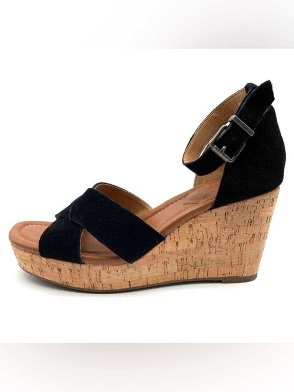 CROWN VINTAGE | Chalina Cork Platform Wedge Sandals 8 M Black Suede Crisscross